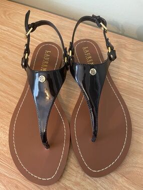 Ralph Lauren Arima Modern NV Thong Sandals with Gold RL Medallions